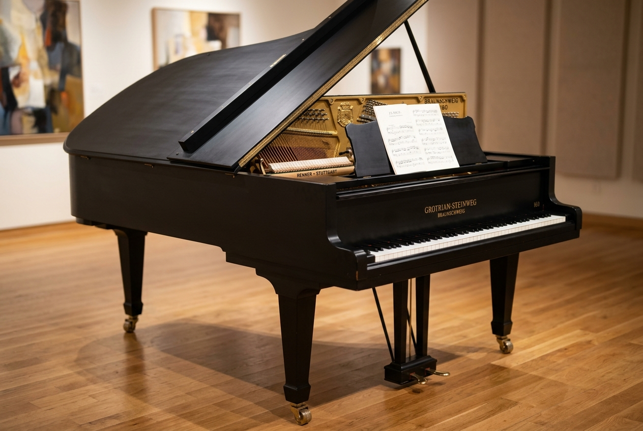 Duitse vleugel Grotrian Steinweg 160, d. not. mat Renner mechaniek. Bouw Braunschweig jaren ’75  Zeer mooie staat.  €  8990,-