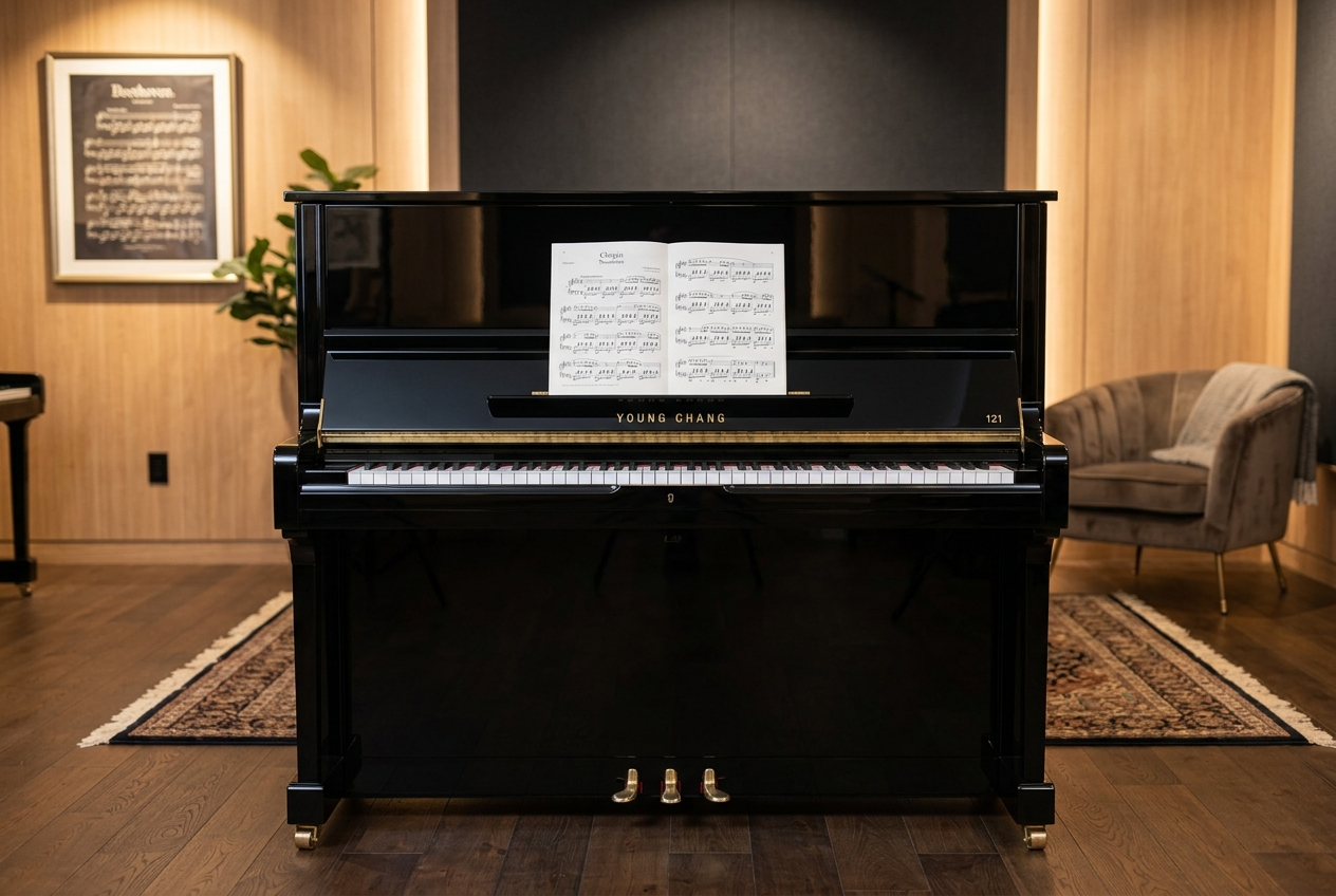 In nieuwstaat piano Young Chang 121 model U1, zwart hoogglans.  €  2390,-