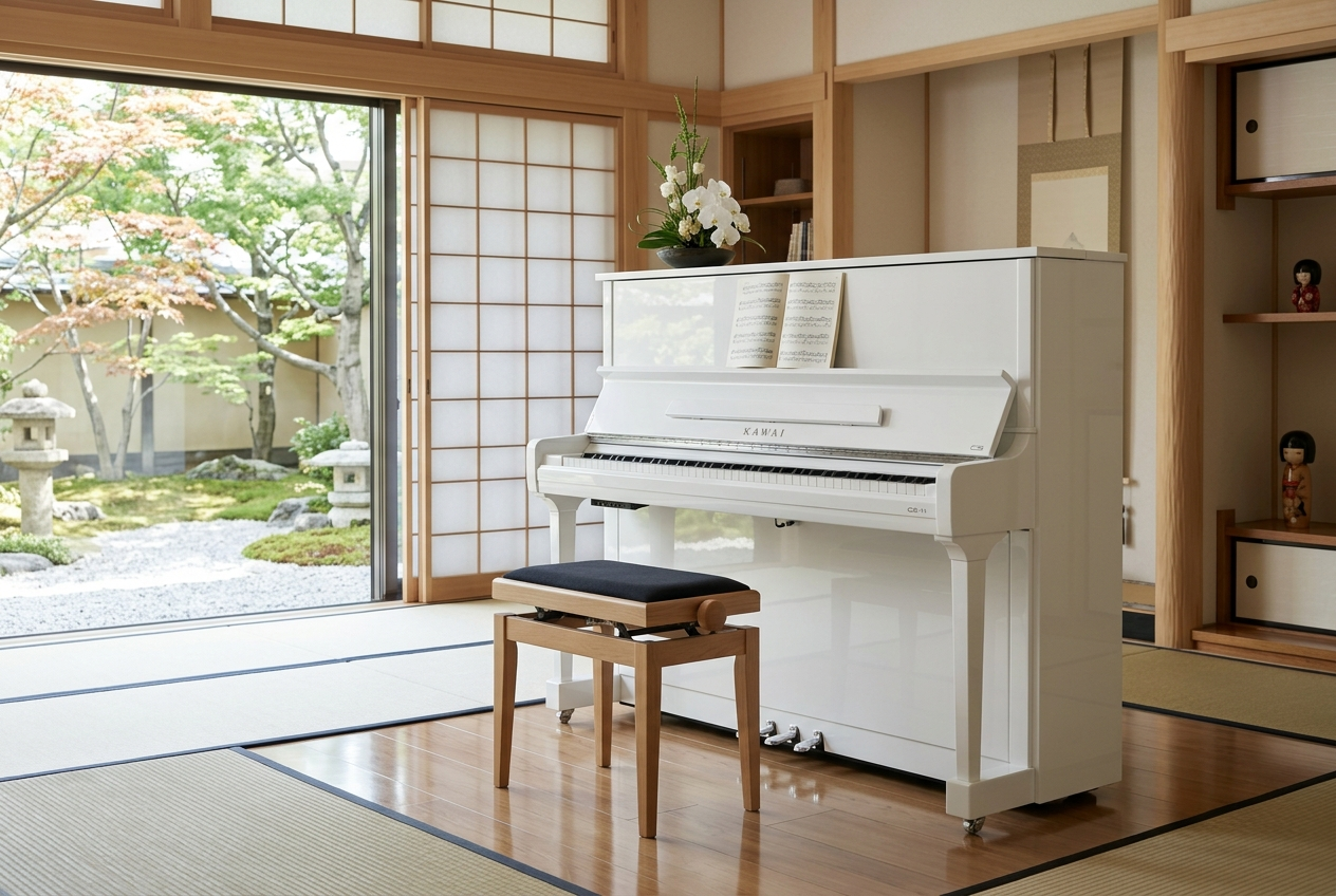 Sneeuwwit hoogglans Japanse piano Kawai CS. In perfecte conditie!  Verkocht