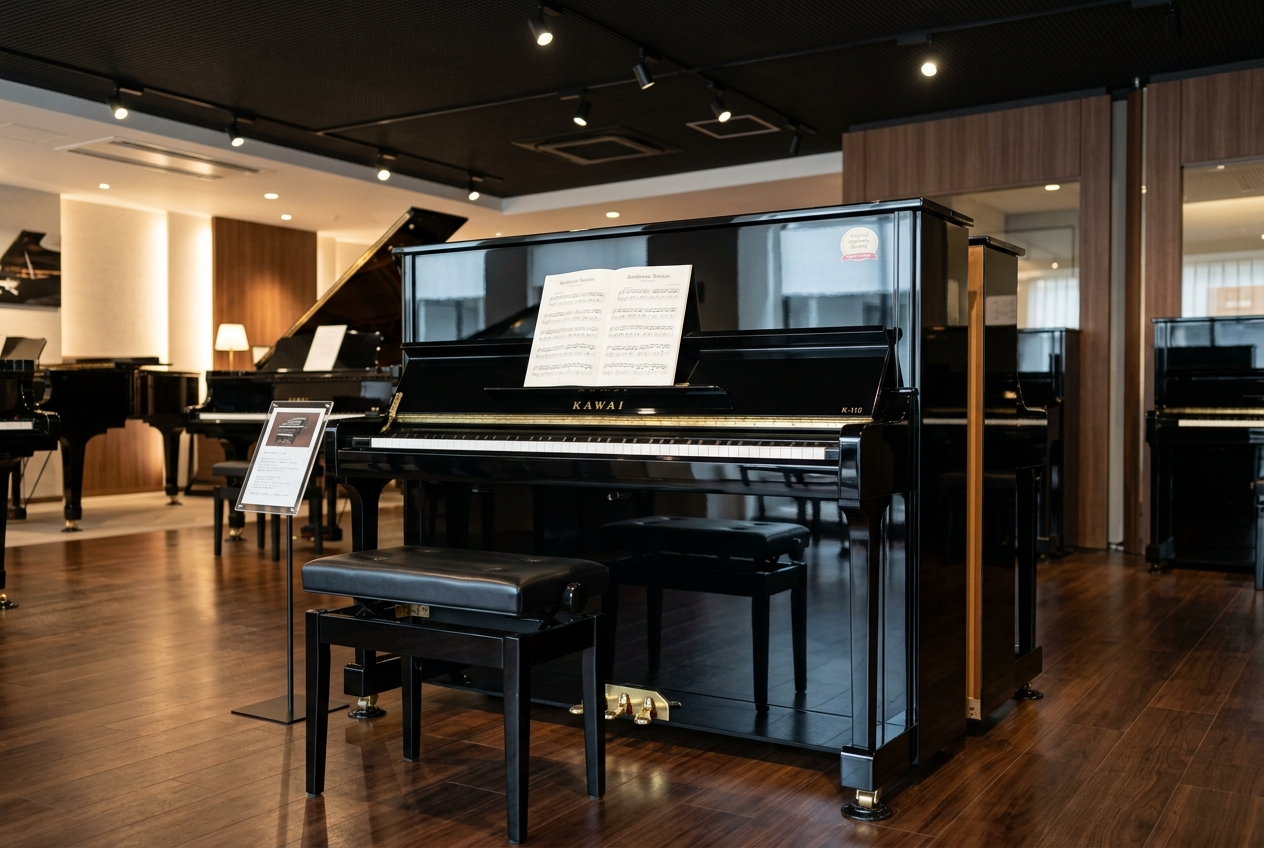 Japanse piano Kawai 115, zwart hoogglans. Studie pedaal. Orginele Kawai import. Nieuwstaat.  Verkocht