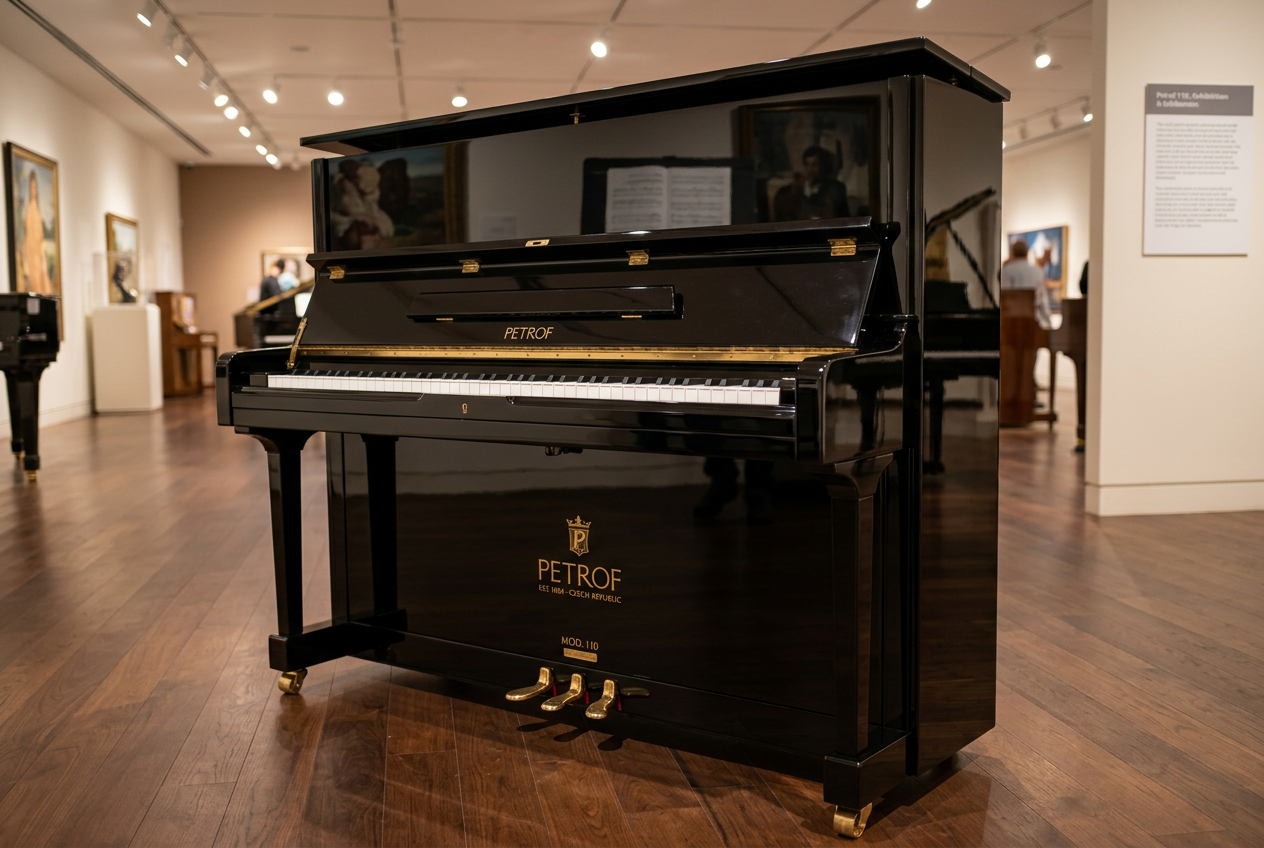 Europese piano Petrof/Rösler 110 zwart hoogglans. Met studie pedaal en garantie.  Verkocht