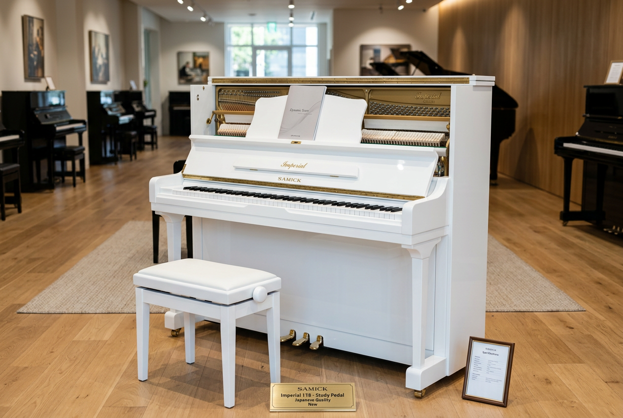 Sneeuwwit hoogglans piano Samick Imperial 118 met studiepedaal. Tot. nieuwstaat.  Verkocht