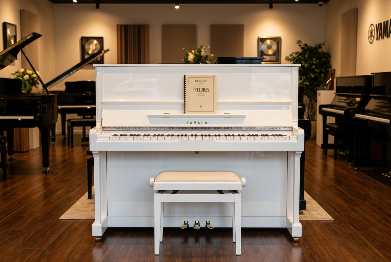 Japanse piano Yamaha M 5, wit zijde glans, fabrieks lak, studie pedaal. Nieuwstaat.  €  1650,-